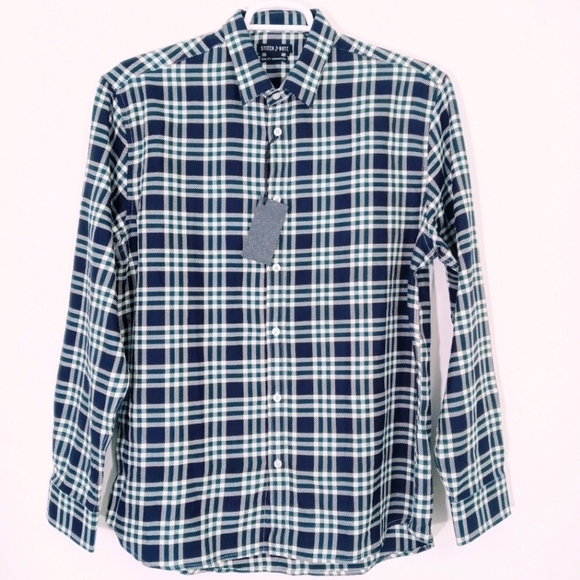 Stitch Note Long Sleeve Button Up- Black And Olive‎ Plaid Shirt - Picture 1 of 7